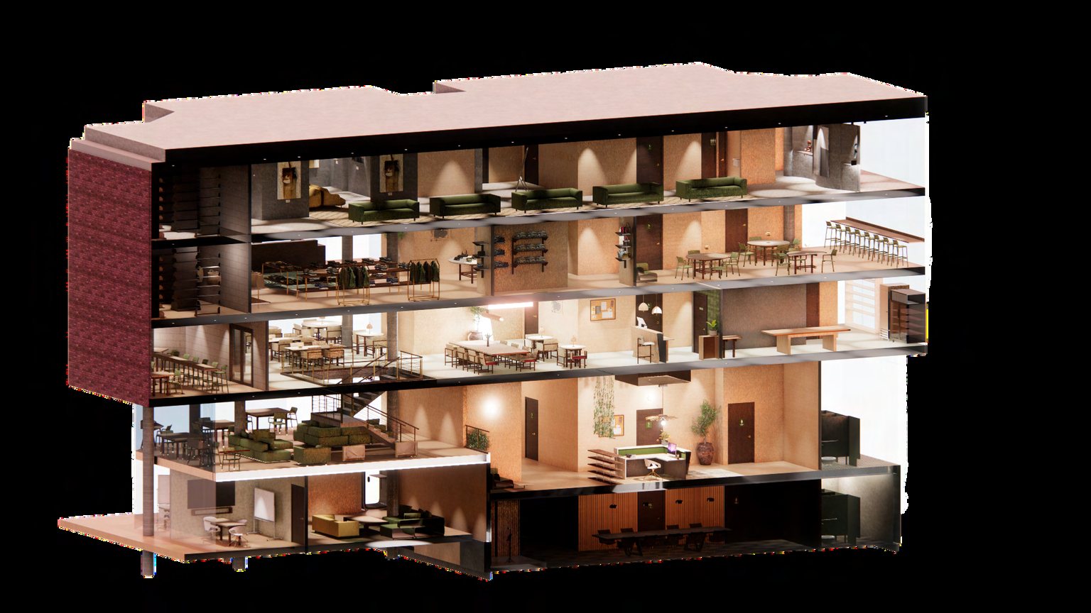 Sectional axonometric render of ONESTOP, Maral Zobian's thesis student hub — five stacked floors of lounges, café, thrift store and study spaces