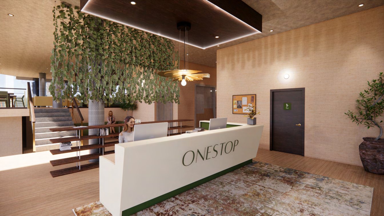 ONESTOP reception render — welcome desk beneath a hanging garden of ivy