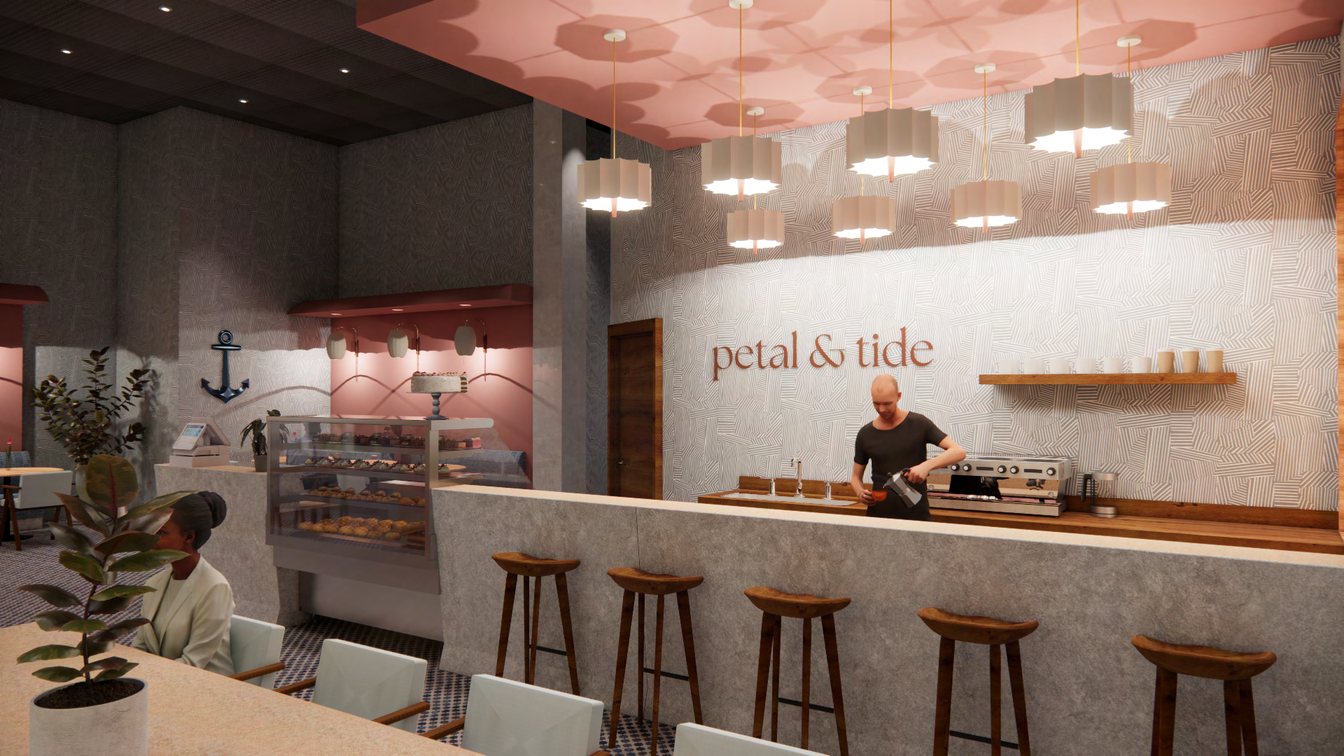 Harbor shelter lobby and café render with curved sofas and warm wood