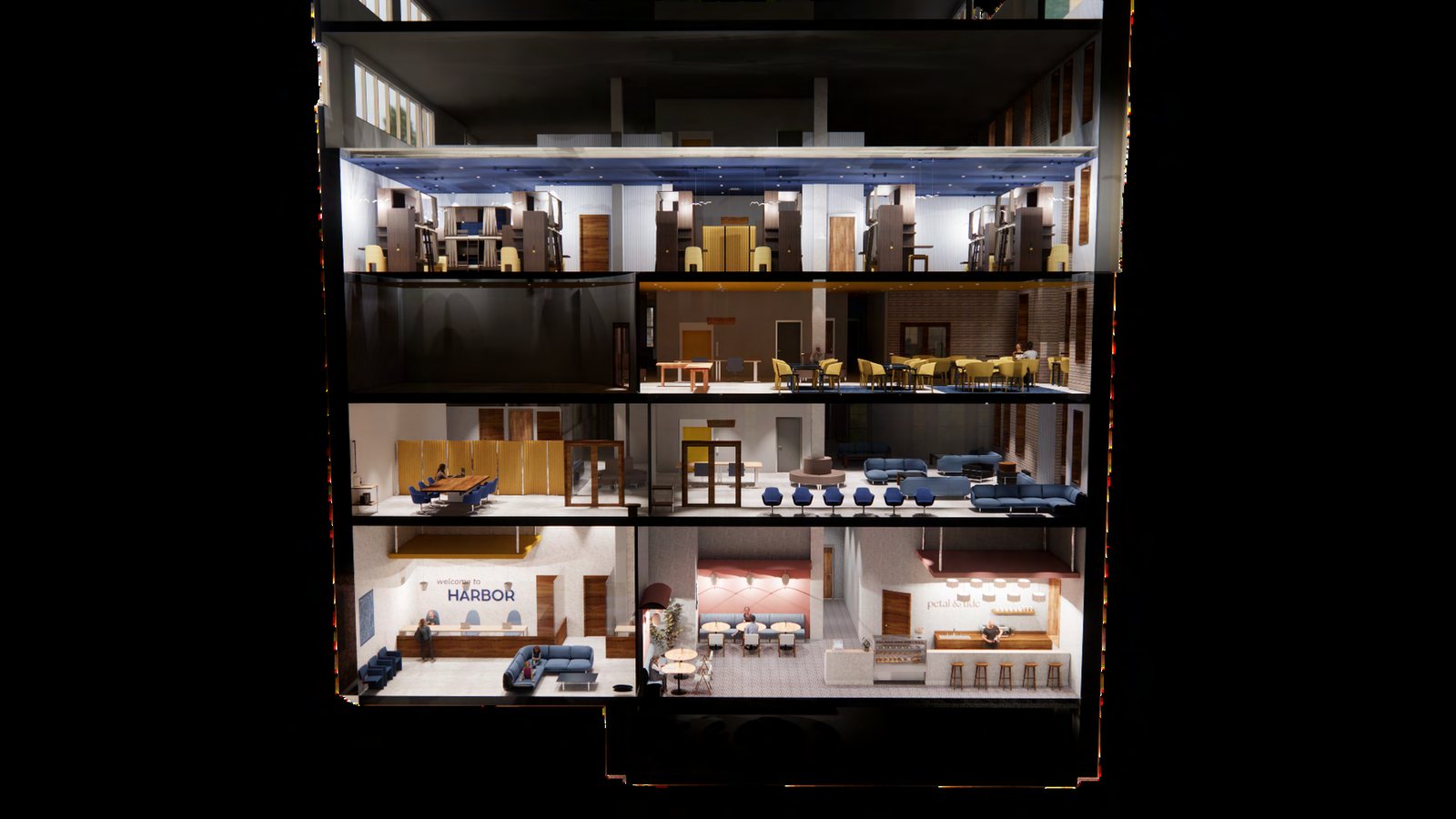 Sectional axonometric cutaway of the Harbor youth shelter — four illuminated floors showing lobby, café, lounges, dining and sleeping spaces